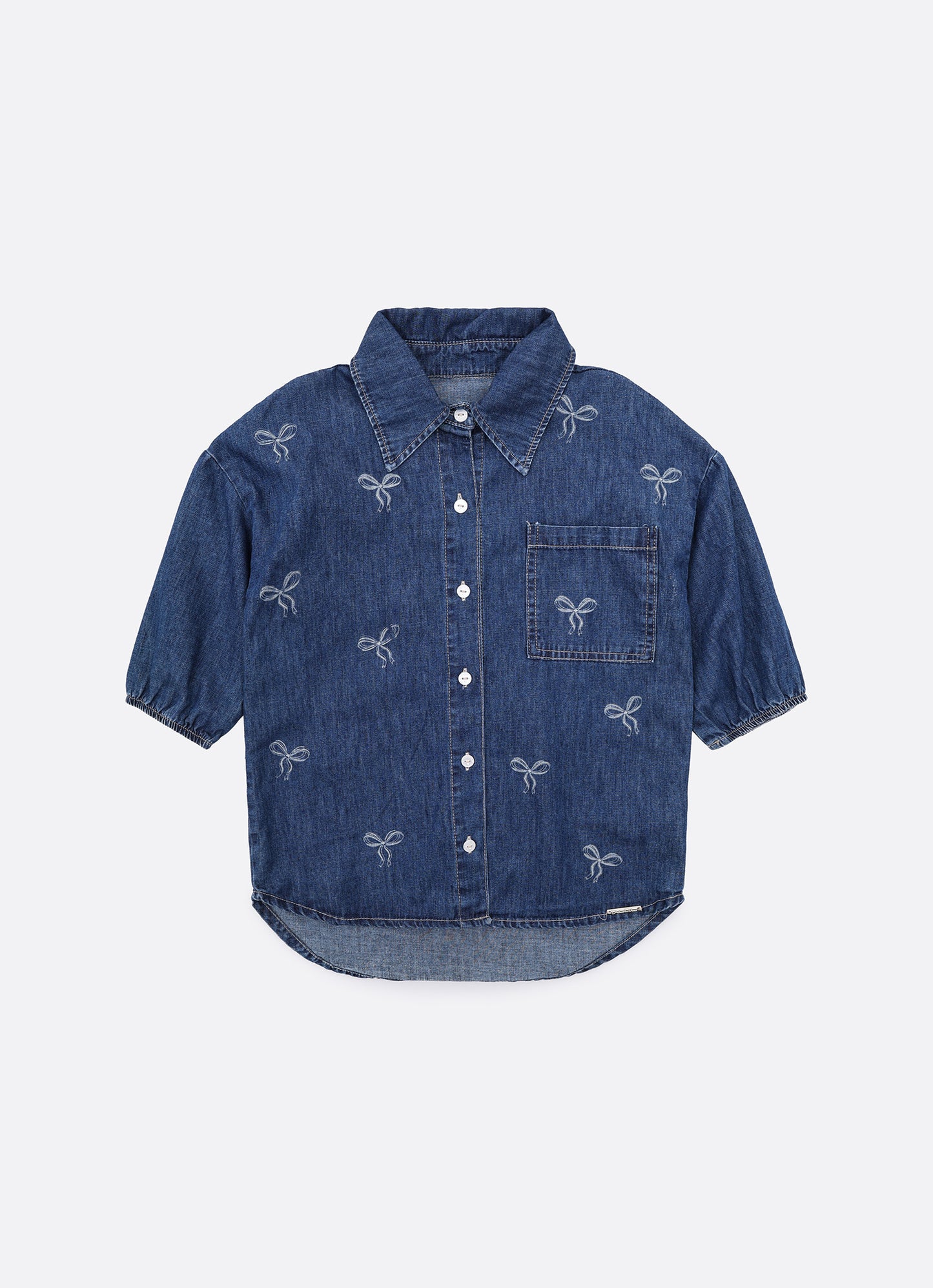 Camisa Jeans Fino Laços Babado Cristal