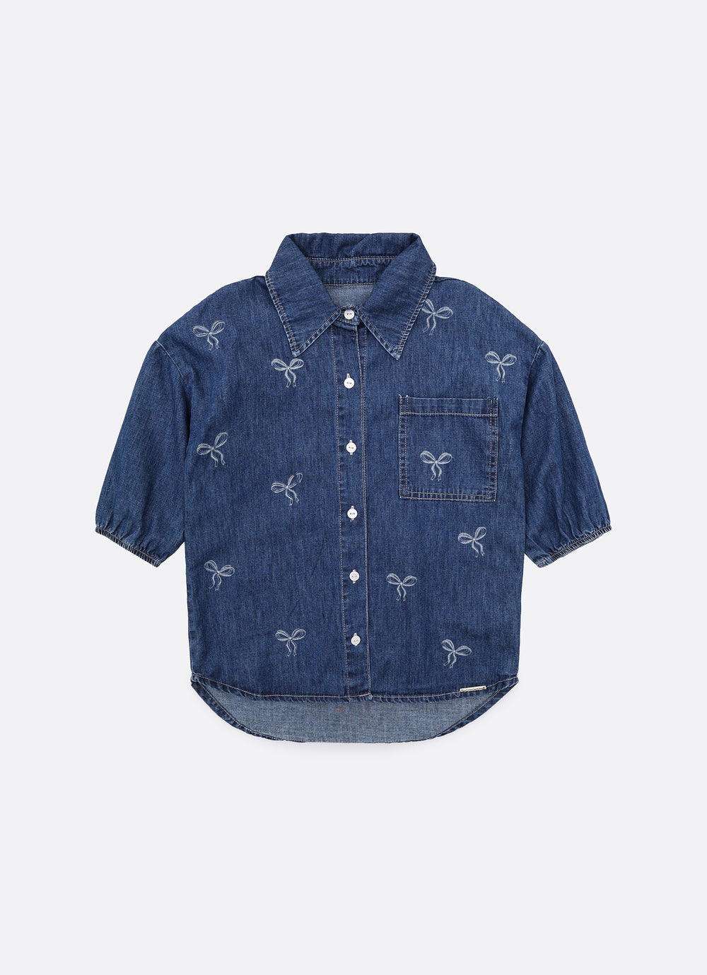 Camisa Jeans Fino Laços Babado Cristal
