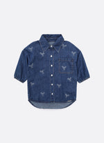 Camisa Jeans Fino Laços Babado Cristal