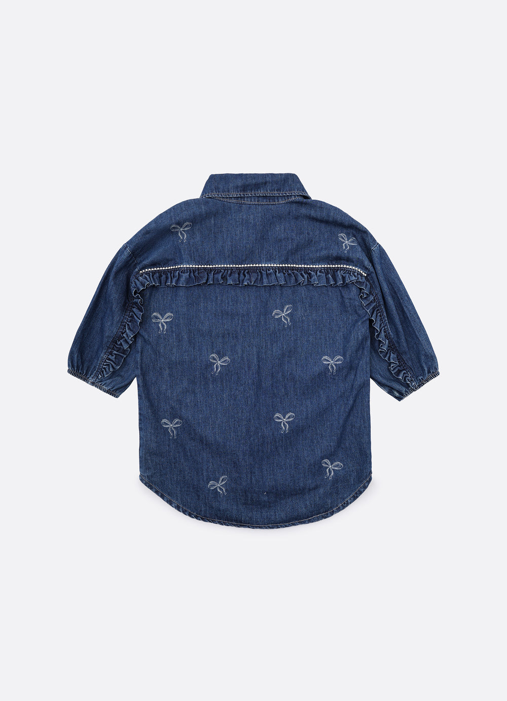 Camisa Jeans Fino Laços Babado Cristal