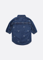 Camisa Jeans Fino Laços Babado Cristal