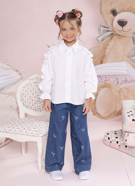 Calça Jeans Fino Lacinhos Babado Cristal