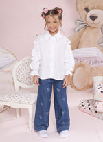 Calça Jeans Fino Lacinhos Babado Cristal