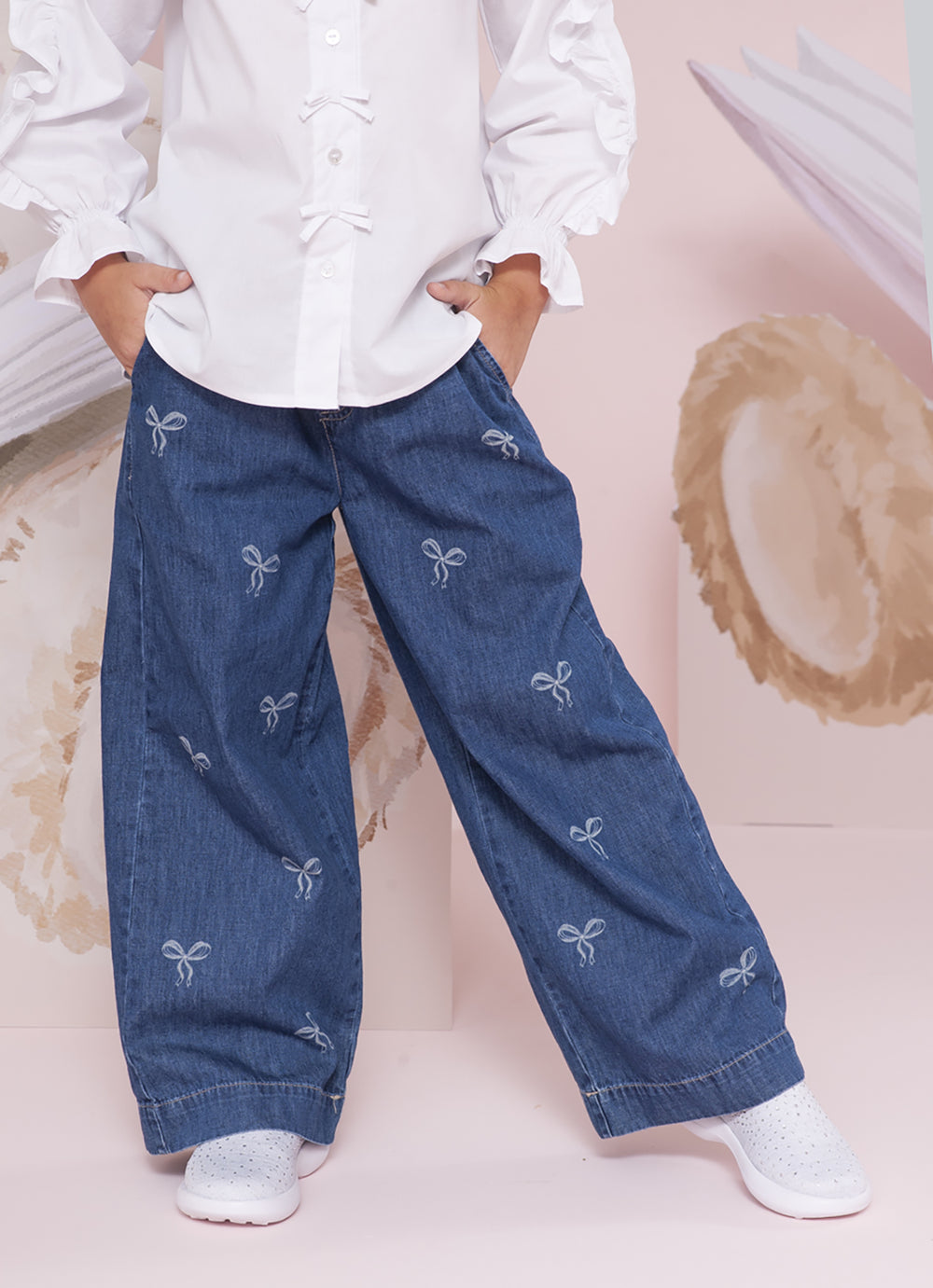 Calça Jeans Fino Lacinhos Babado Cristal