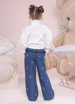 Calça Jeans Fino Lacinhos Babado Cristal