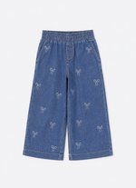 Calça Jeans Fino Lacinhos Babado Cristal