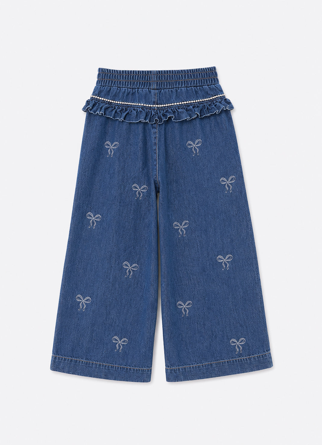 Calça Jeans Fino Lacinhos Babado Cristal