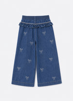 Calça Jeans Fino Lacinhos Babado Cristal