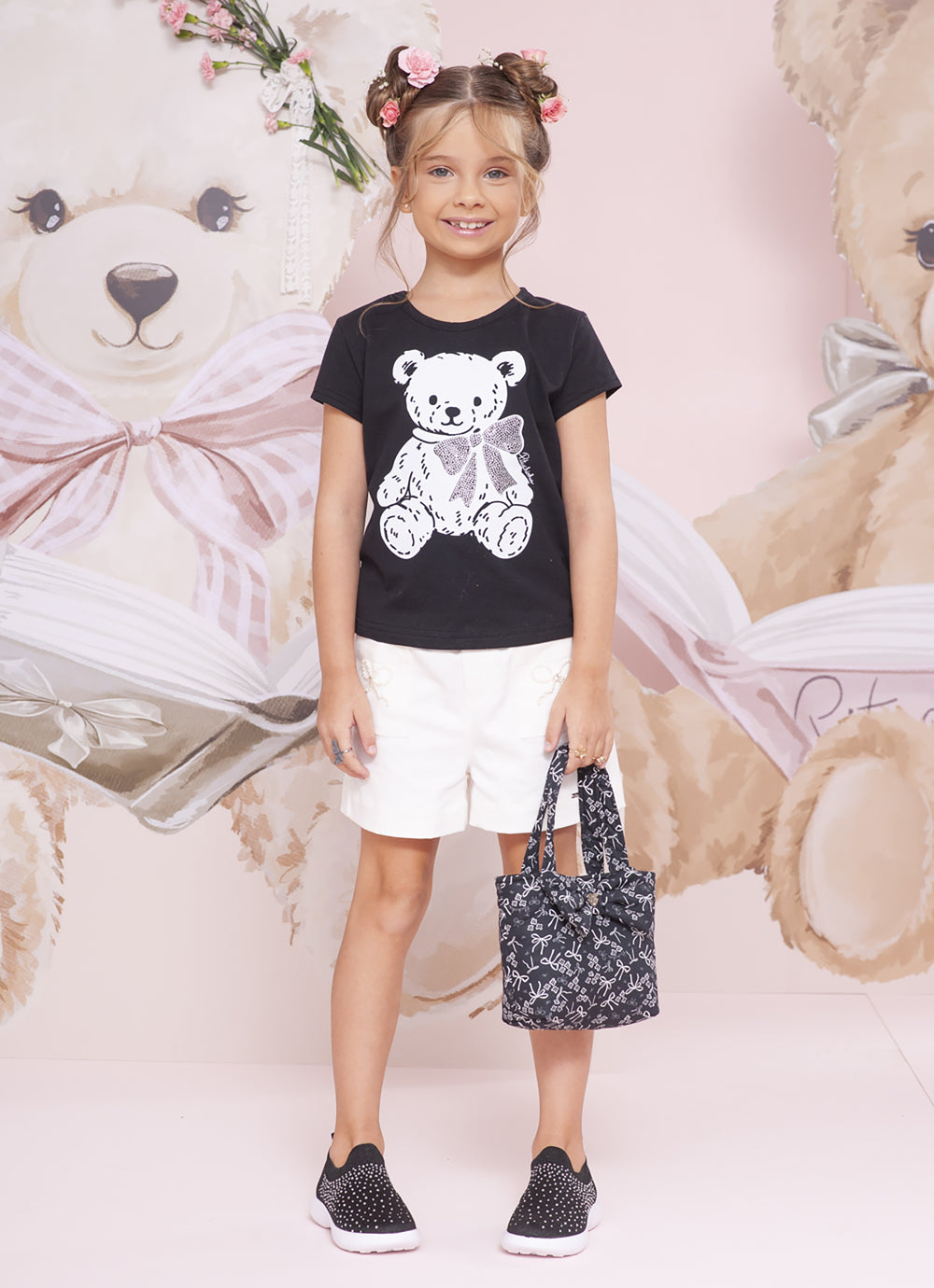 Blusa Cotton Ursinha Laço Cristais