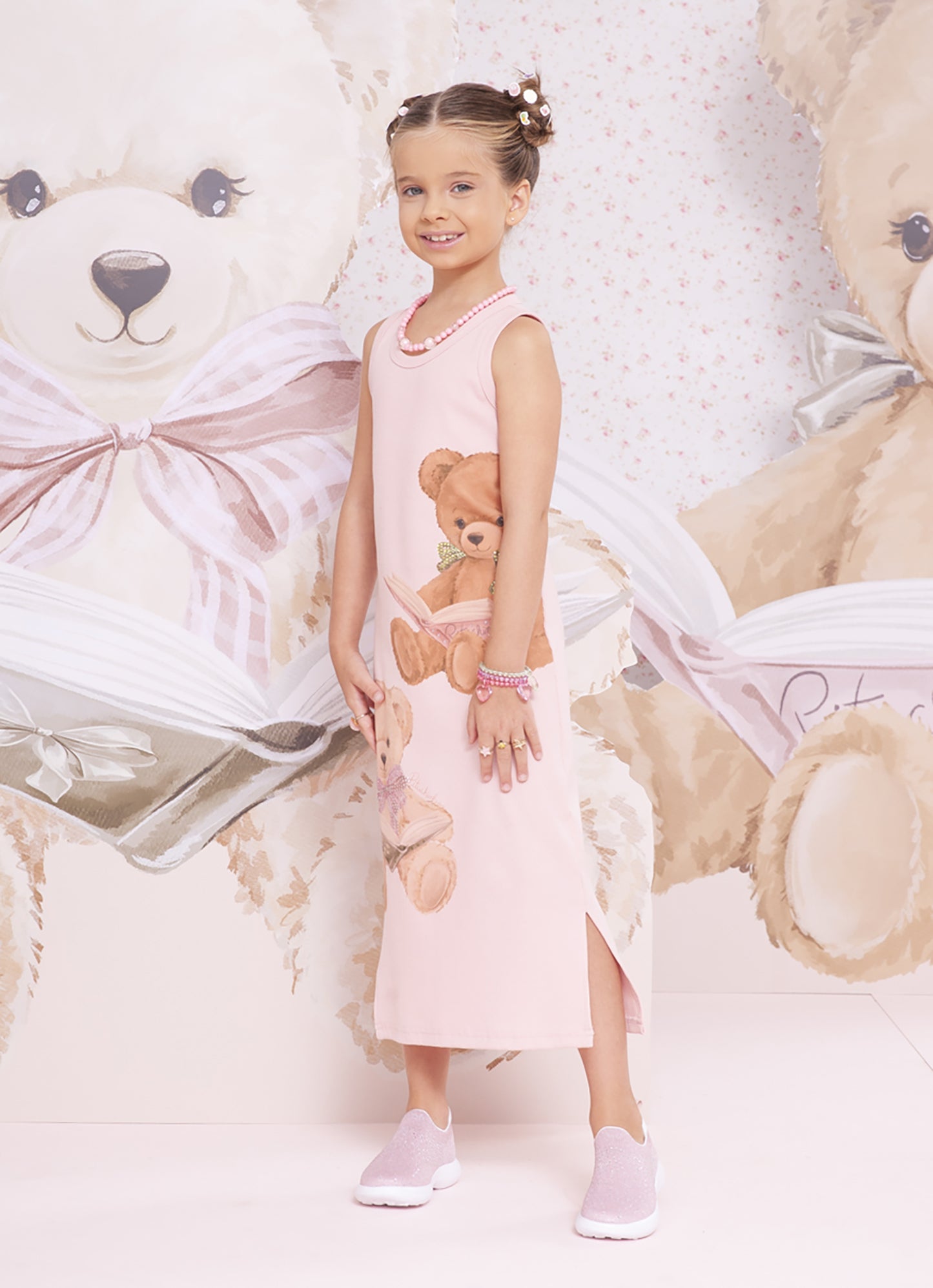Vestido Ribana Midi Ursinhas Leitura Cristal