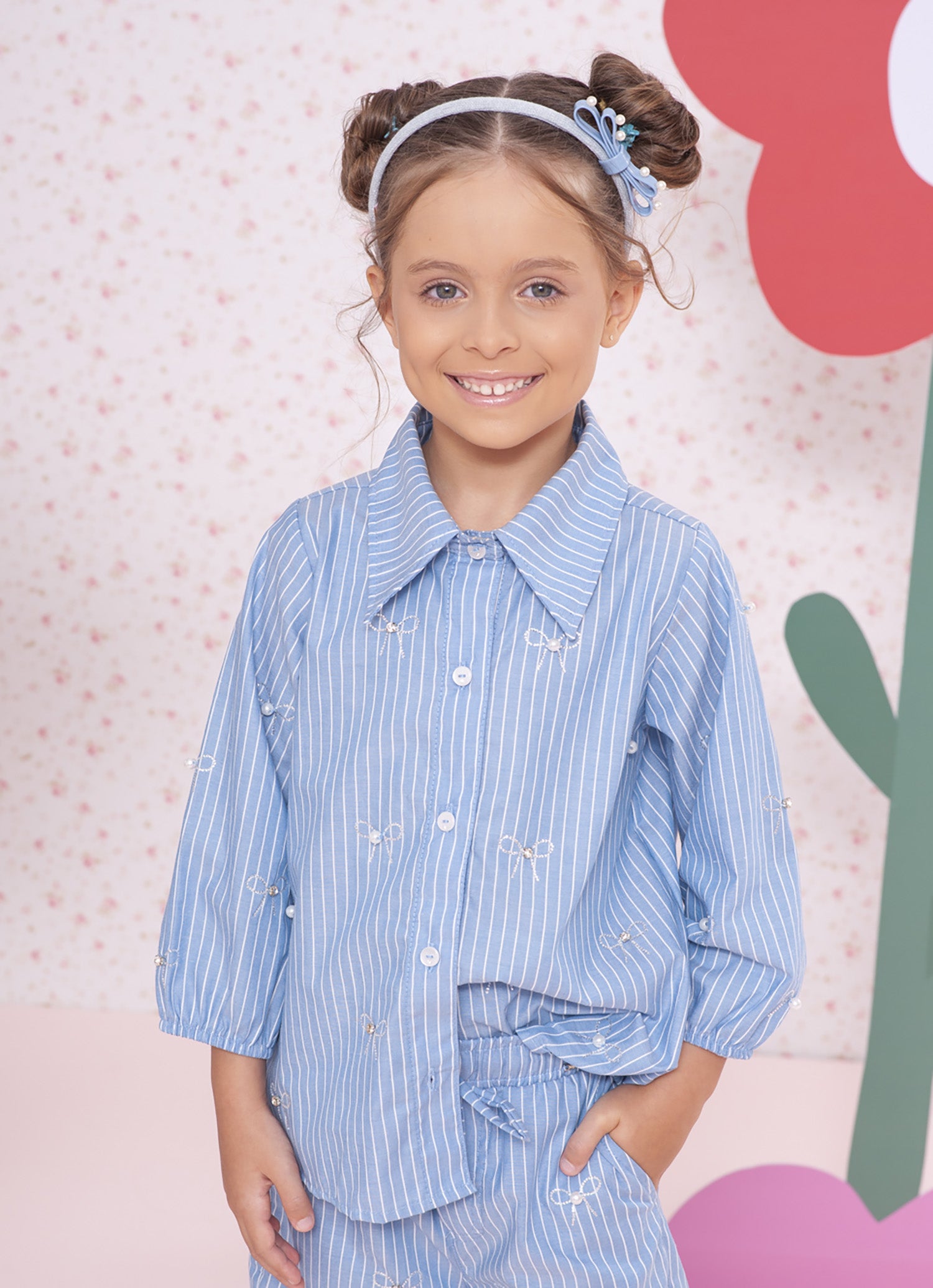 Camisa Algodão Listrada Lacinhos