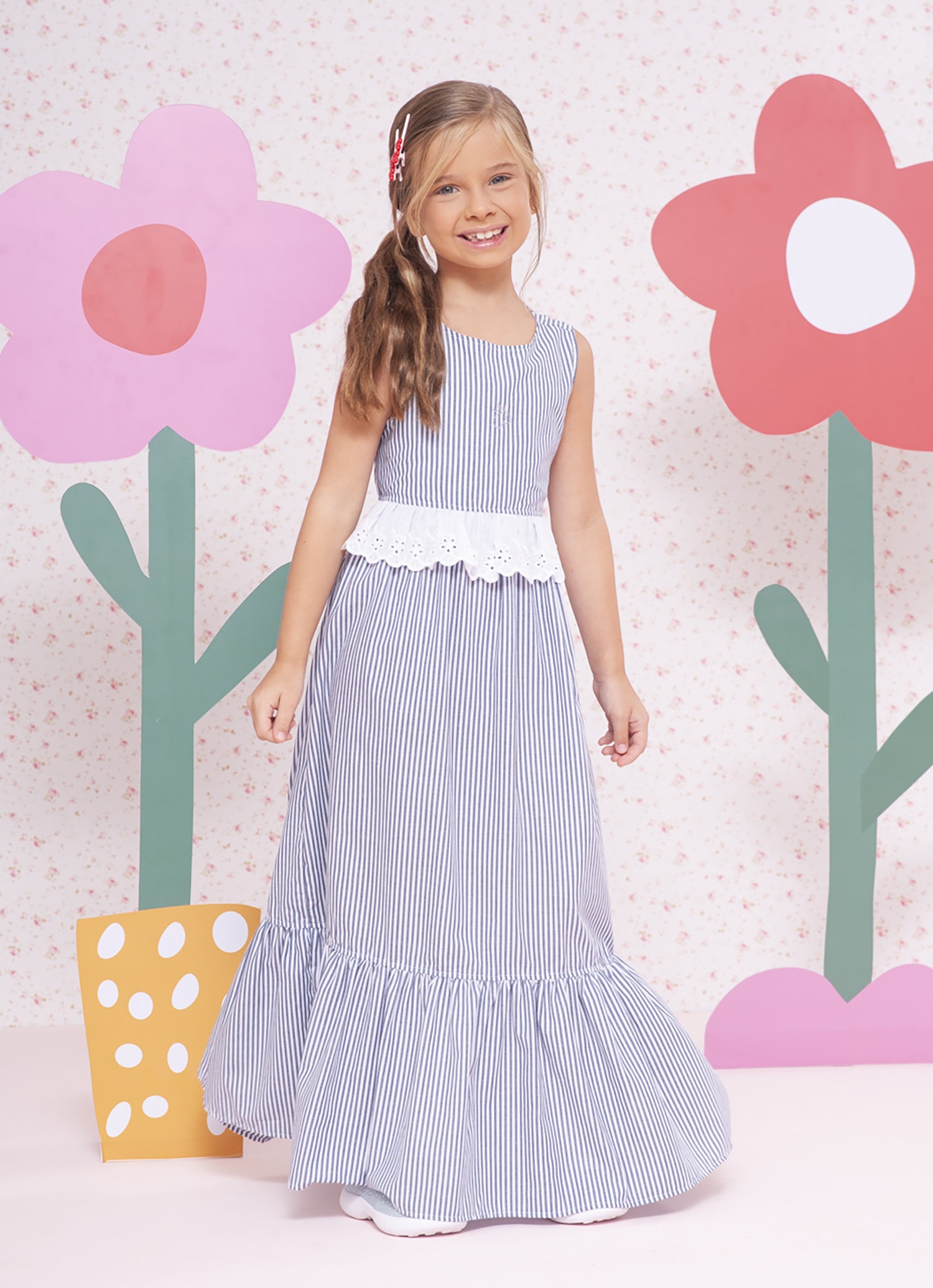 Vestido Longo Algodão Listrado Broderi
