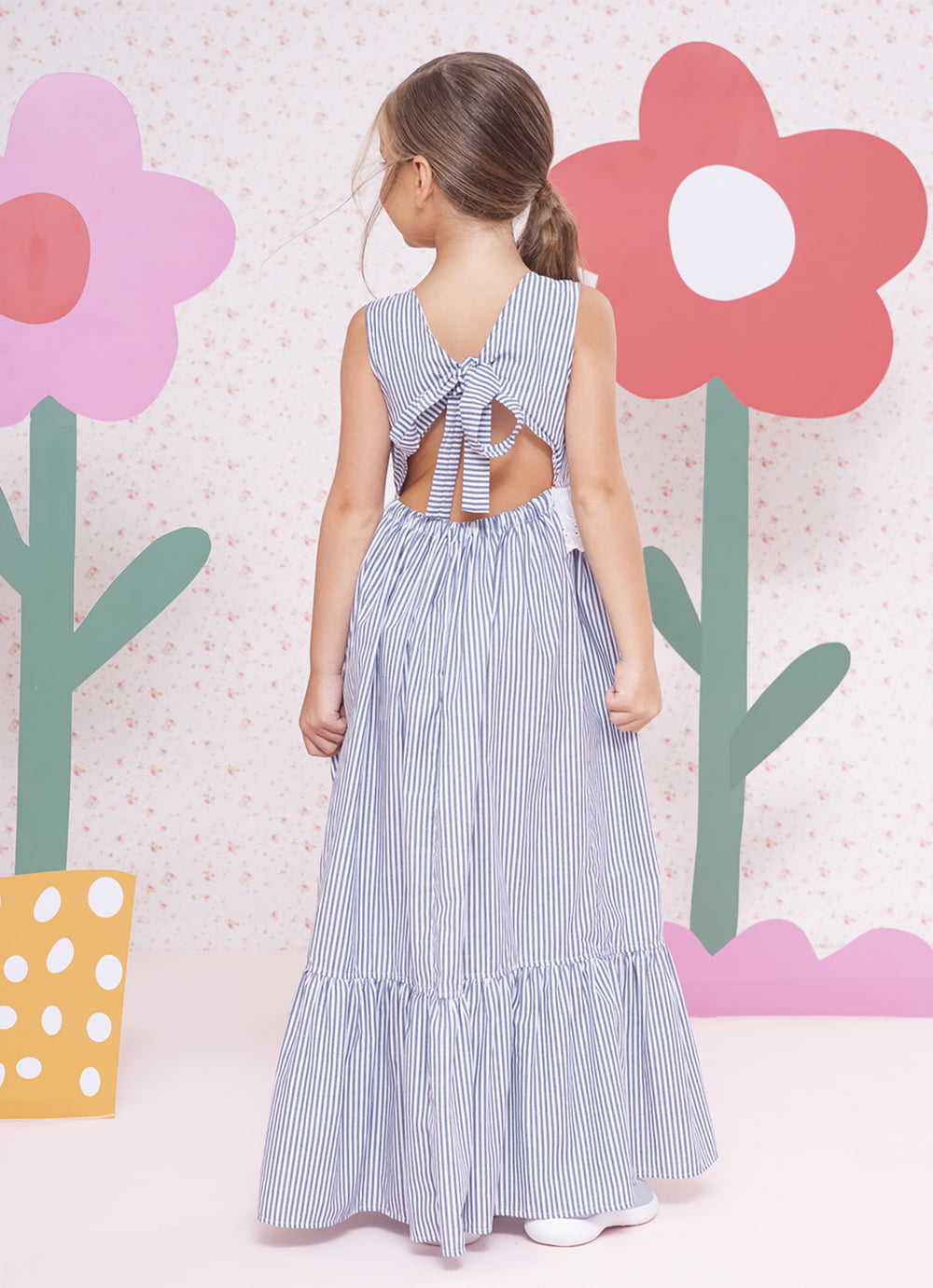 Vestido Longo Algodão Listrado Broderi