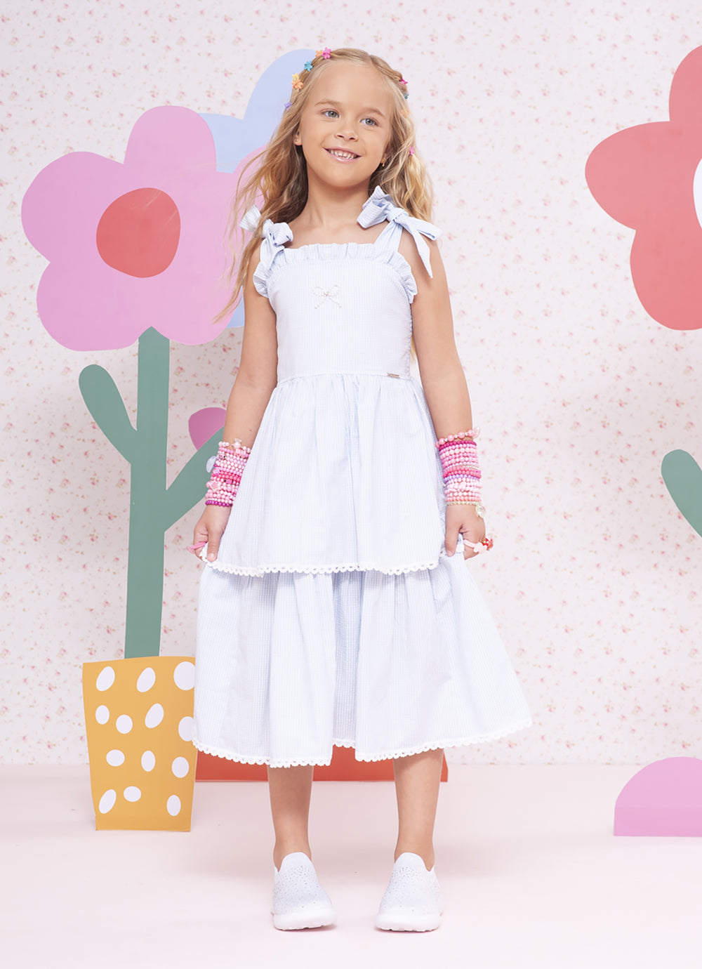 Vestido Algodão Xadrez Babados