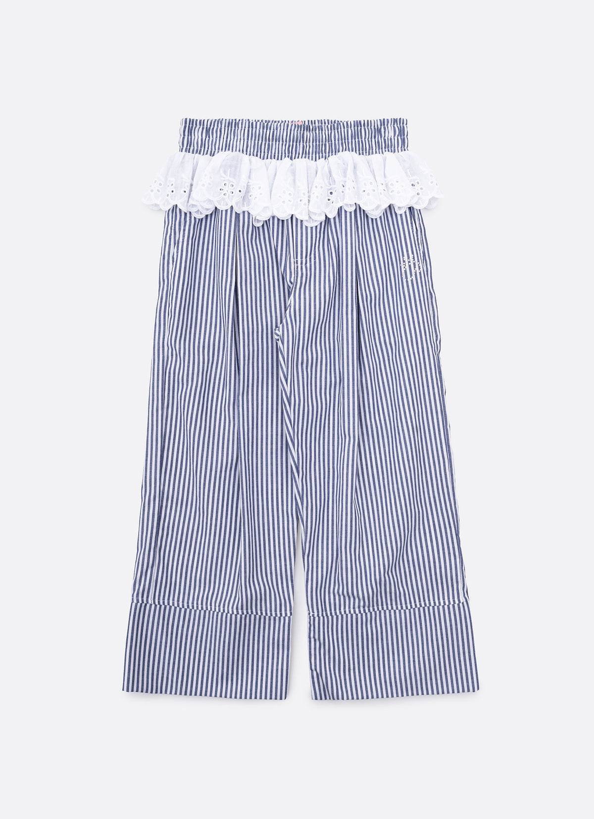 Calça Reta Algodão Listrada Broderi