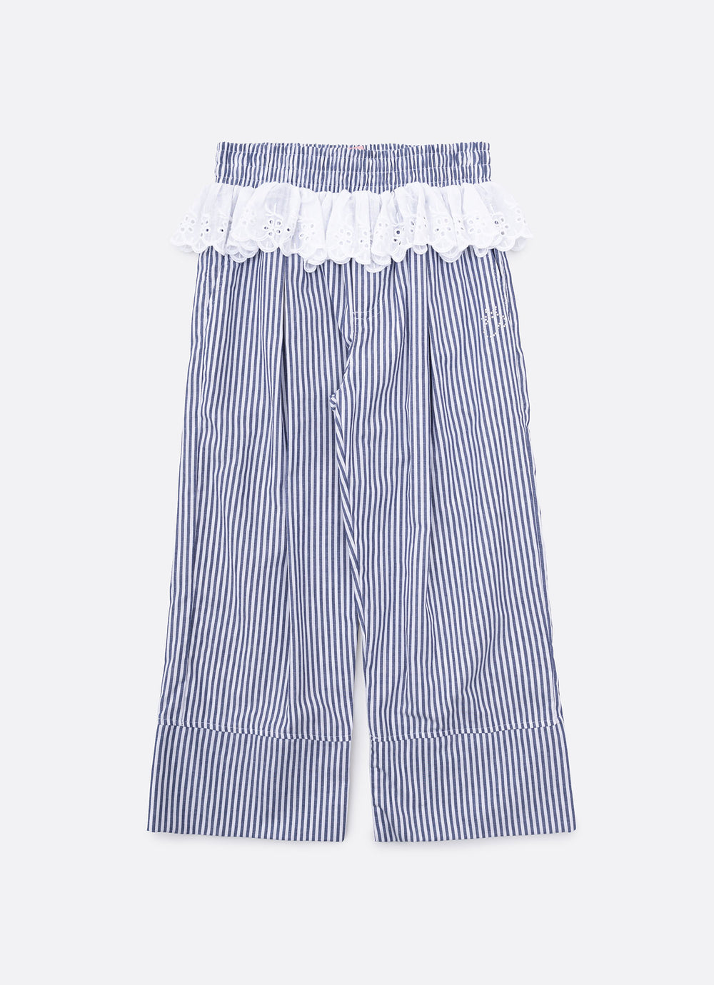 Calça Reta Algodão Listrada Broderi