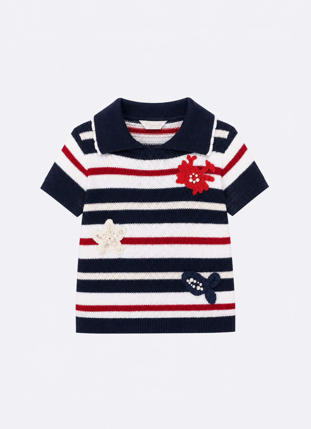 Blusa Tricot Listrada Gola Polo Crochês