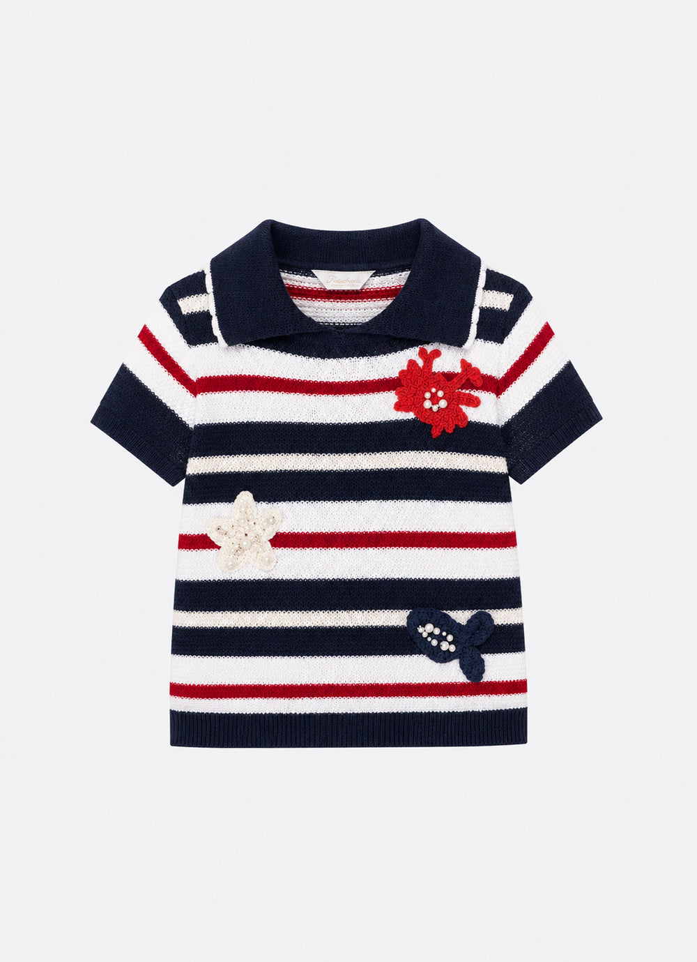 Blusa Tricot Listrada Gola Polo Crochês
