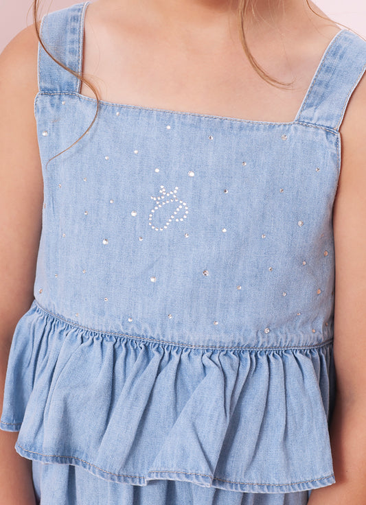 Blusa Alça Jeans Fino Babados
