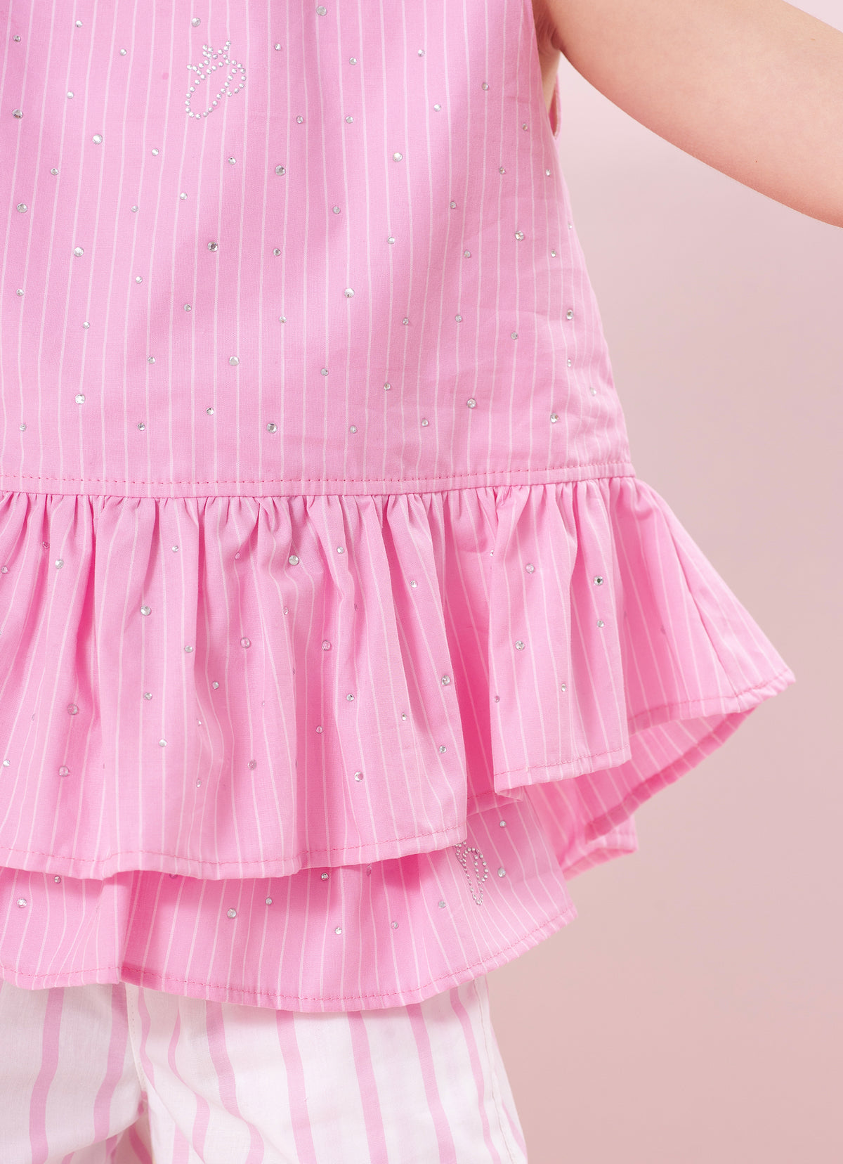 Blusa Algodão Listrado Babado Cristais