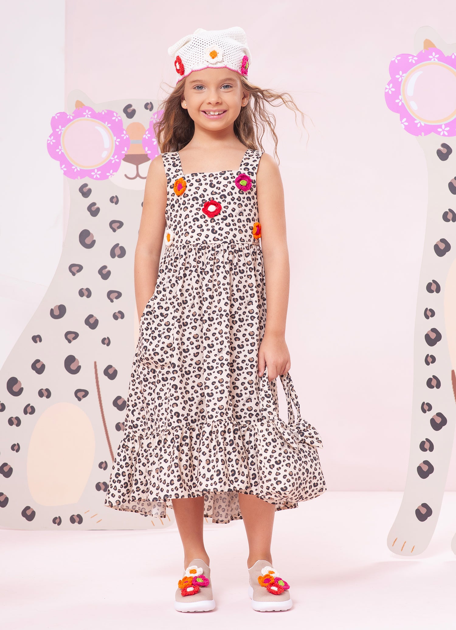 Vestido Algodão Oncinha Flores Crochê