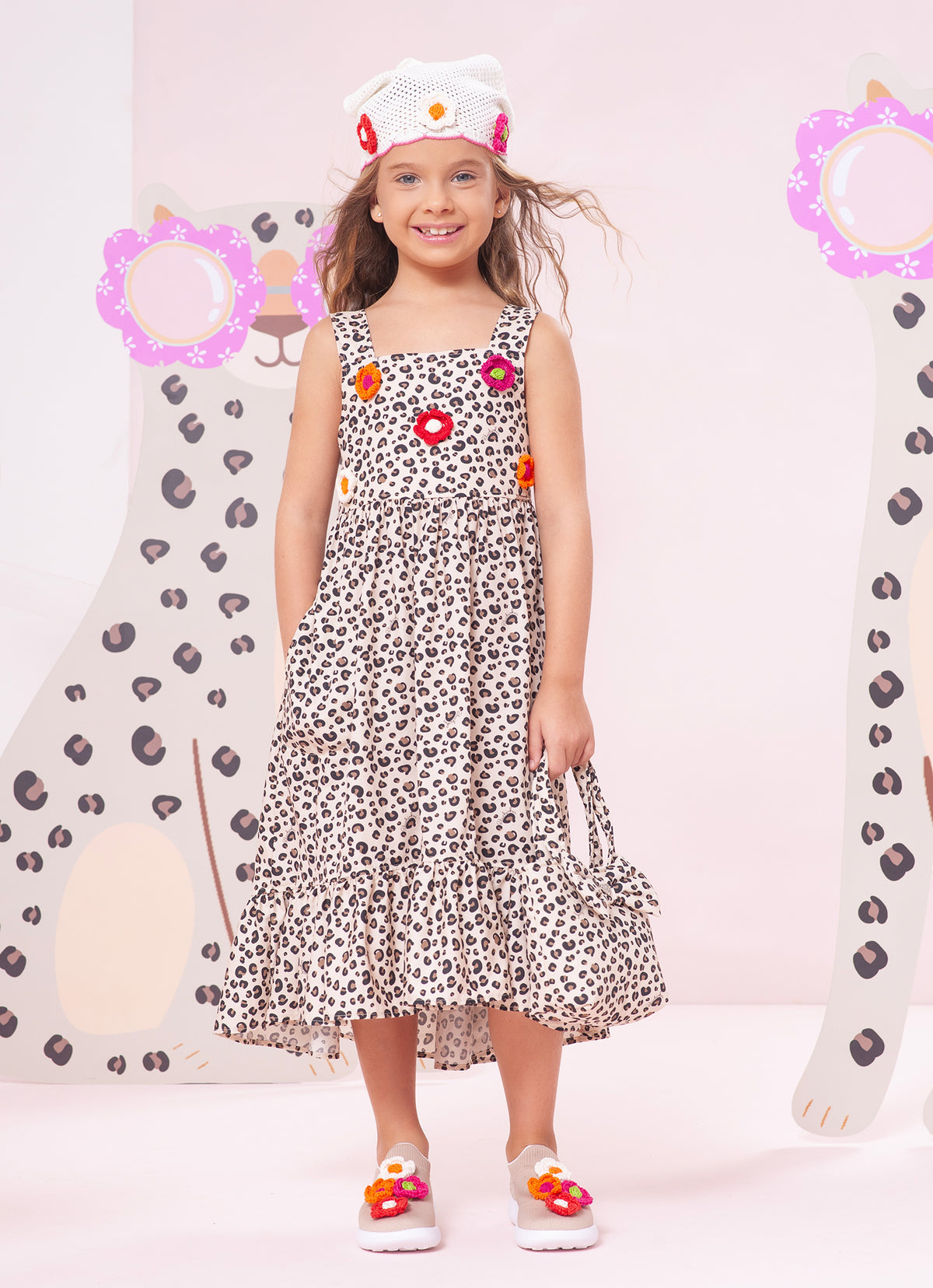 Vestido Algodão Oncinha Flores Crochê