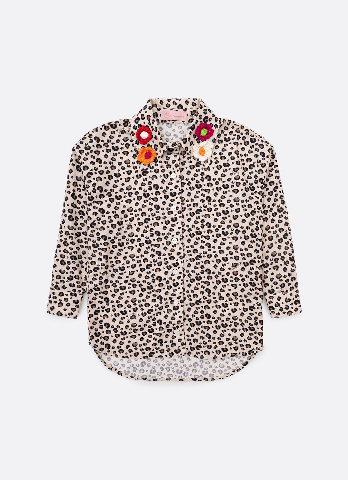 Camisa Algodão Oncinha Flores Crochê