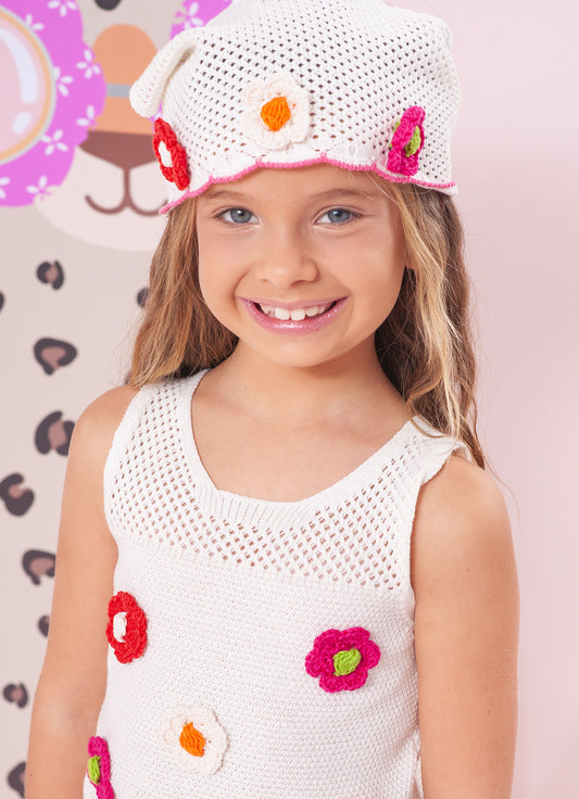 Bandana Tricot Flores Crochê