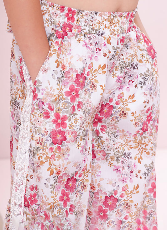 Calça Pantalona Algodão Estampa Floral Rendas