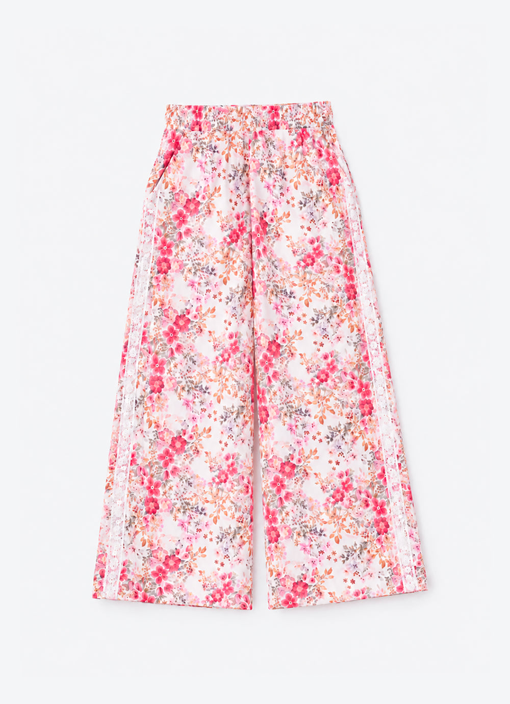 Calça Pantalona Algodão Estampa Floral Rendas