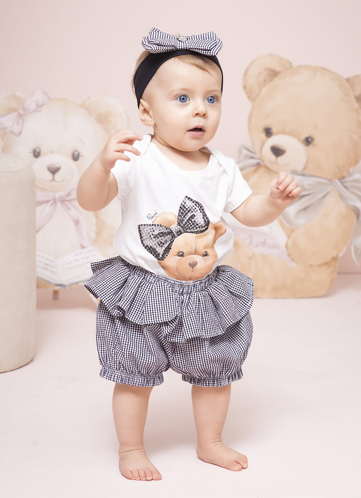Conjunto Body Ursinha e Short Xadrez Pmini