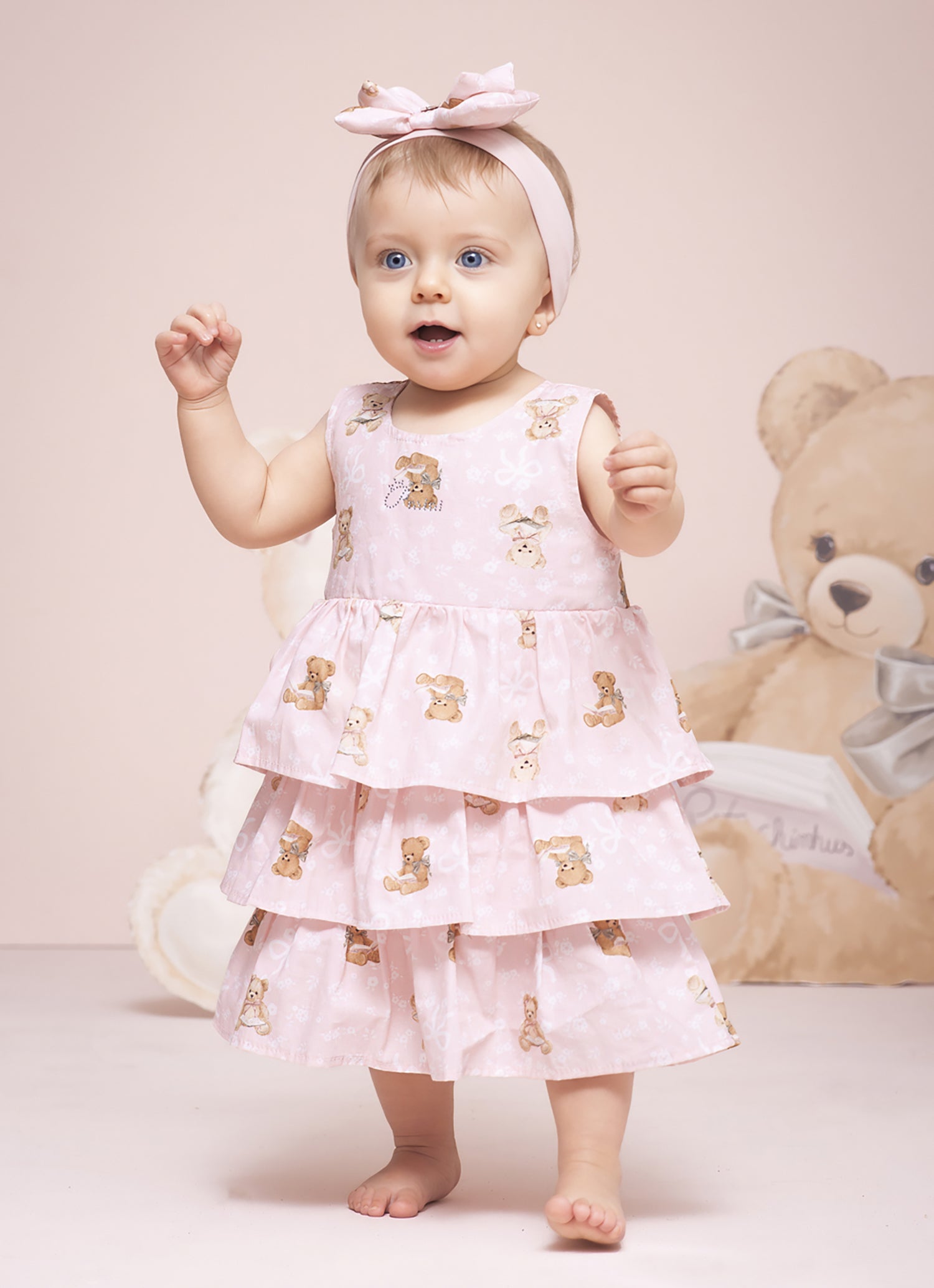 Vestido Algodão Ursinhas Babados Pmini