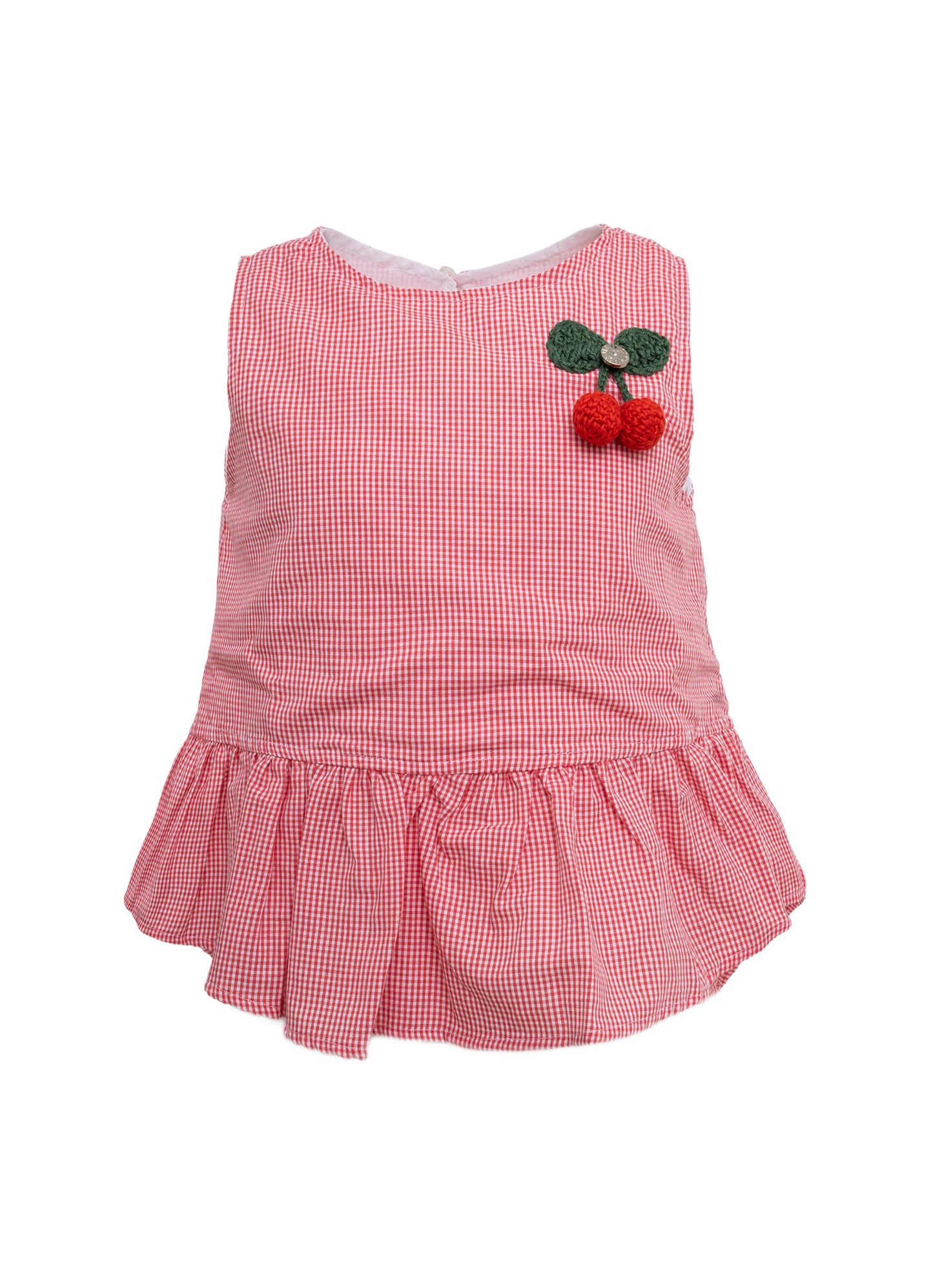 Blusa Algodão Xadrez Cereja Crochê Resort