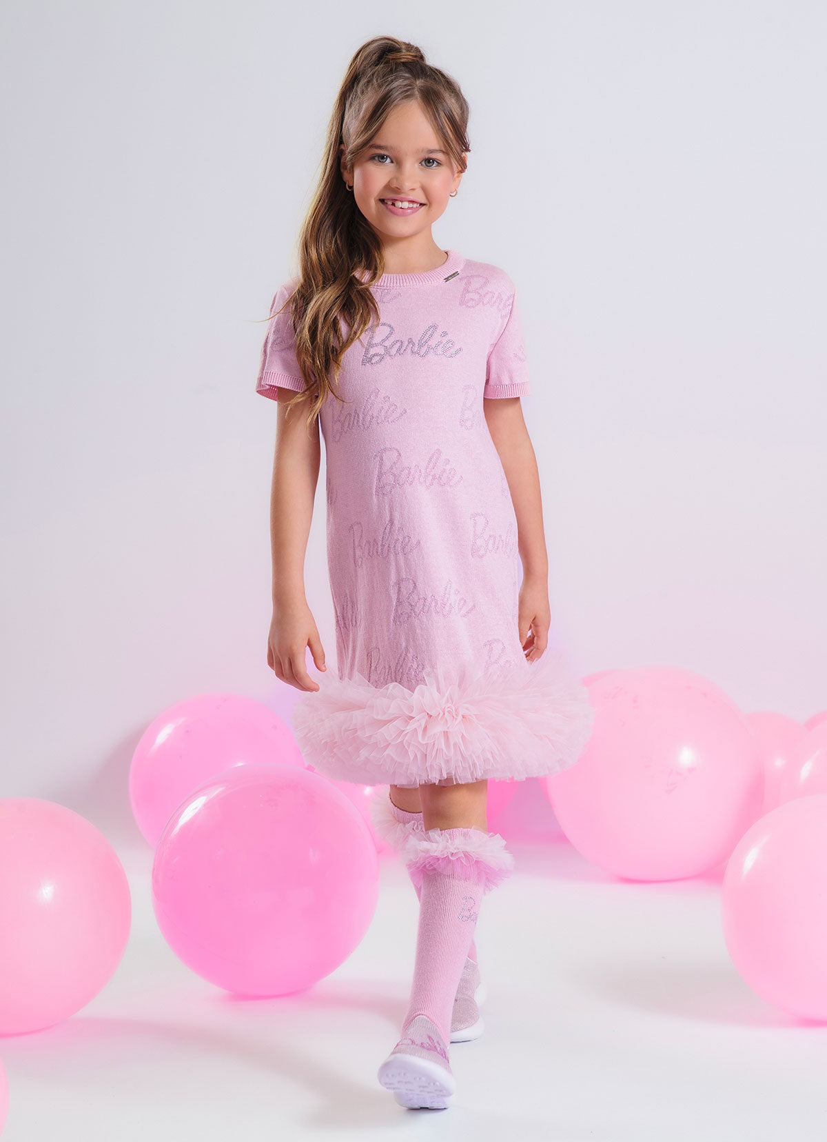 Vestido Tricot Jacquard Barbie Frufru Tule Barra