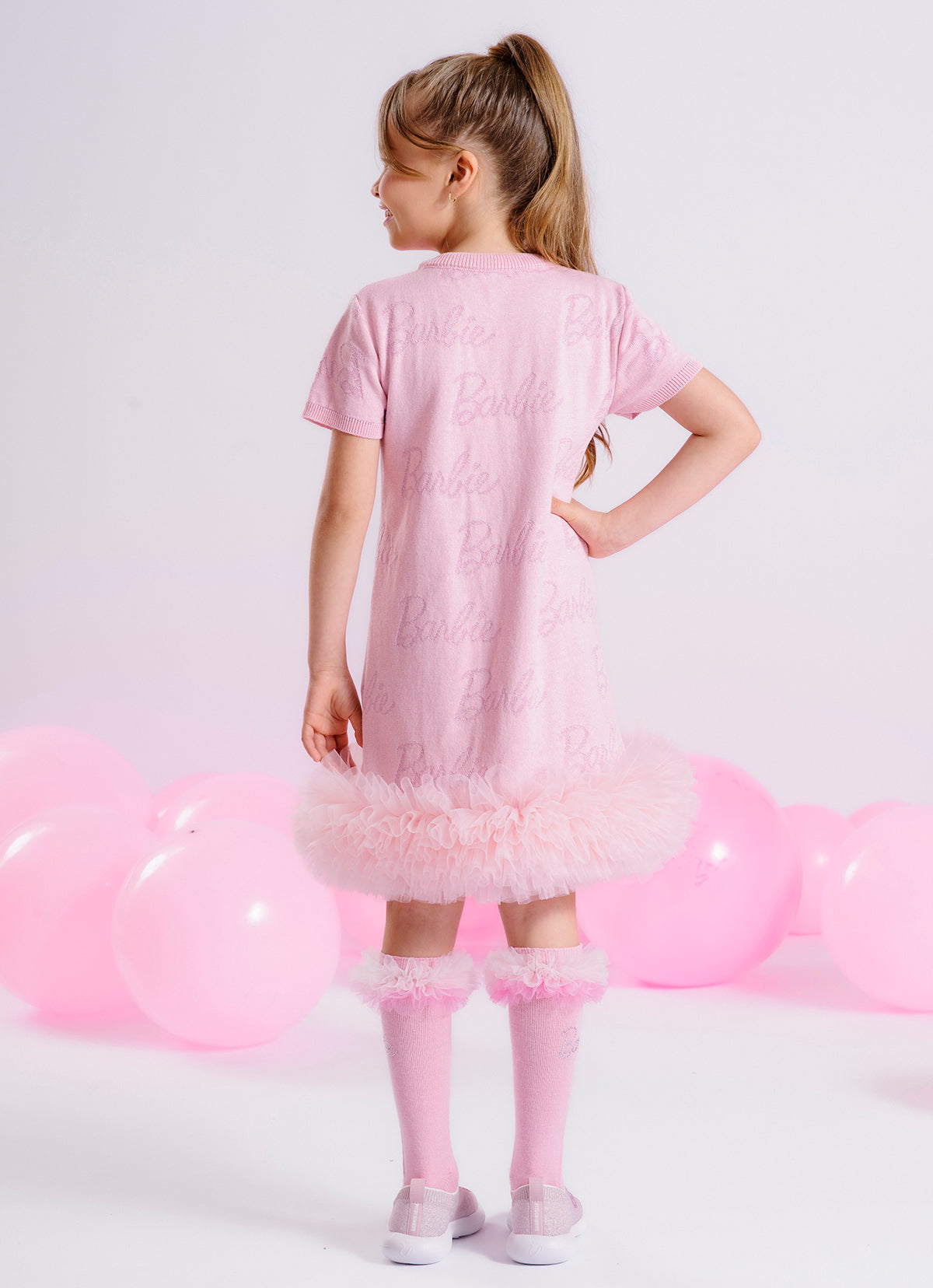 Vestido Tricot Jacquard Barbie Frufru Tule Barra