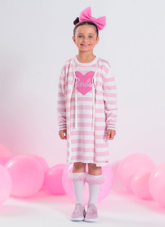 Maxi Casaco Tricot Listrado Coração Barbie Cristal