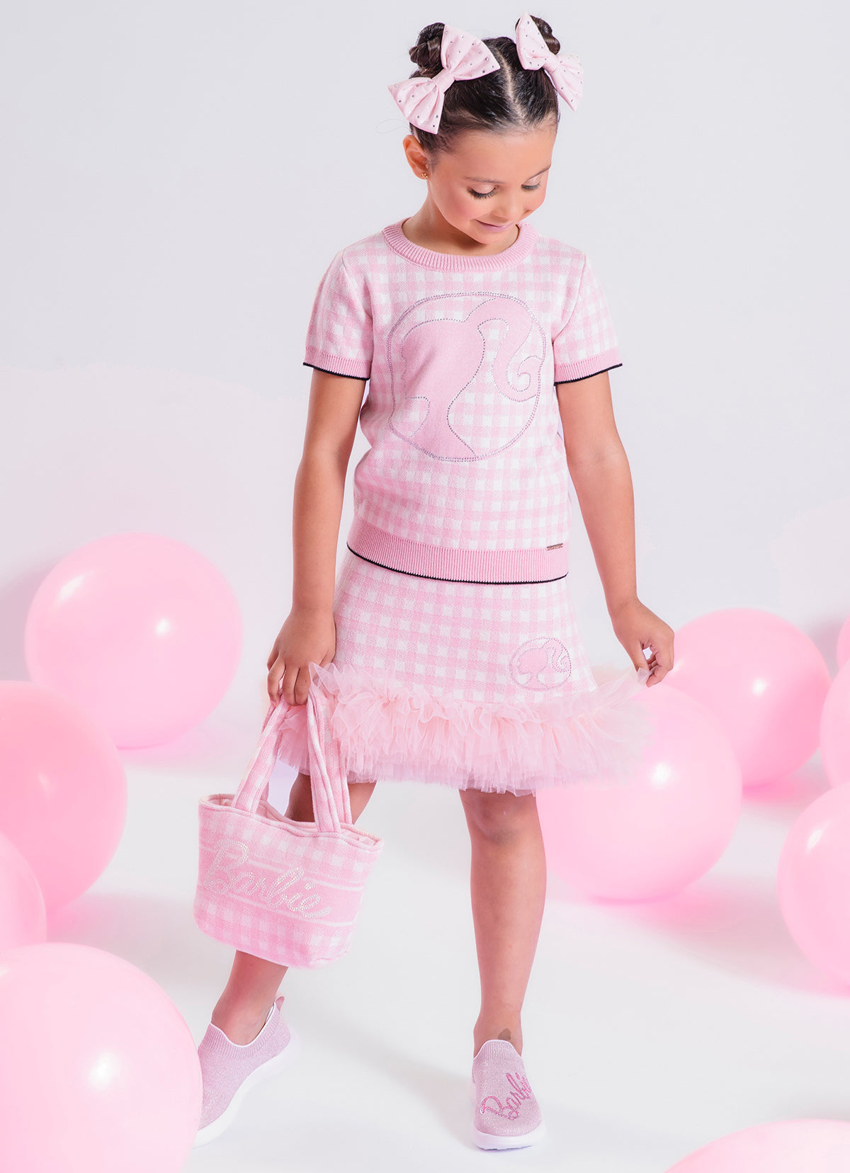 Saia Short Tricot Xadrez Silhuette Barbie Frufru Tule Barra