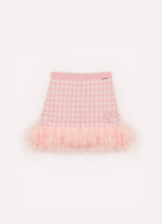 Saia Short Tricot Xadrez Silhuette Barbie Frufru Tule Barra