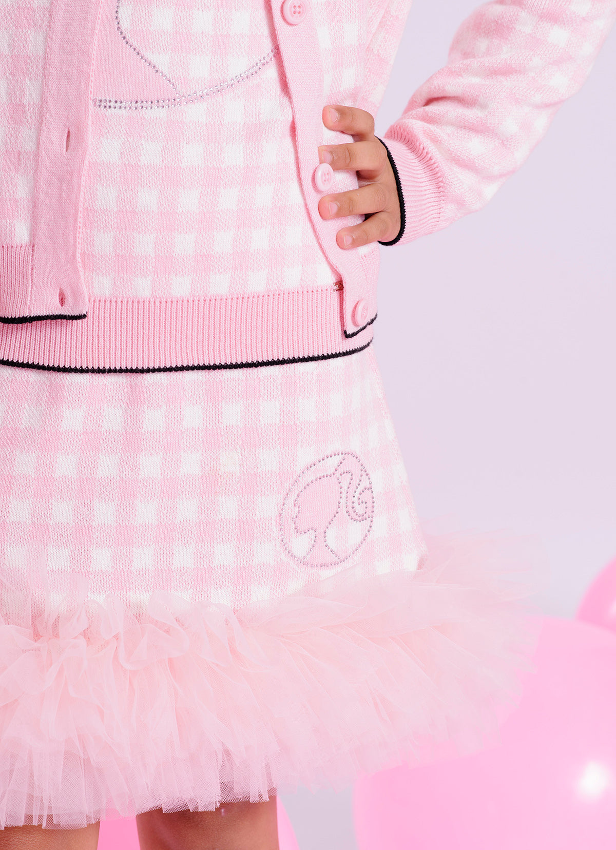 Saia Short Tricot Xadrez Silhuette Barbie Frufru Tule Barra