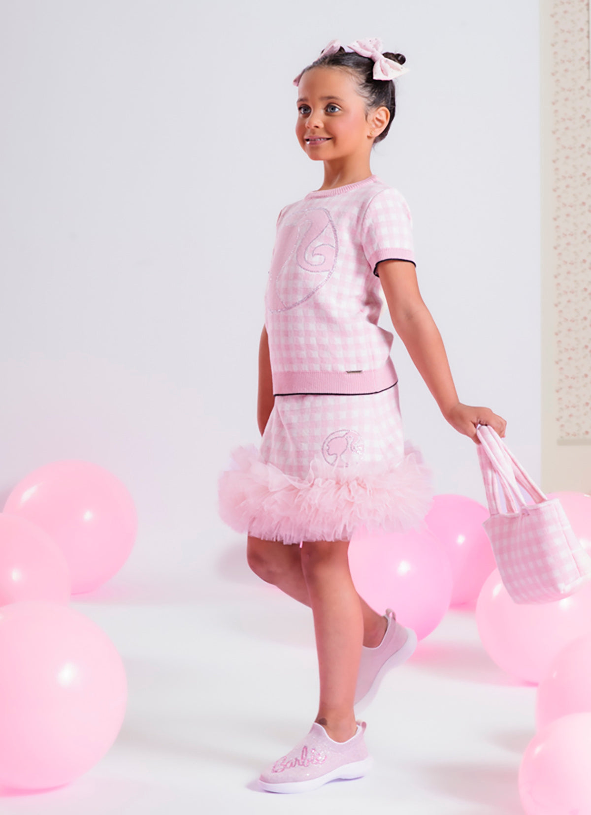 Saia Short Tricot Xadrez Silhuette Barbie Frufru Tule Barra