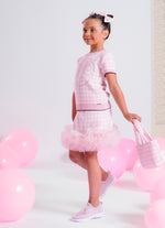 Saia Short Tricot Xadrez Silhuette Barbie Frufru Tule Barra