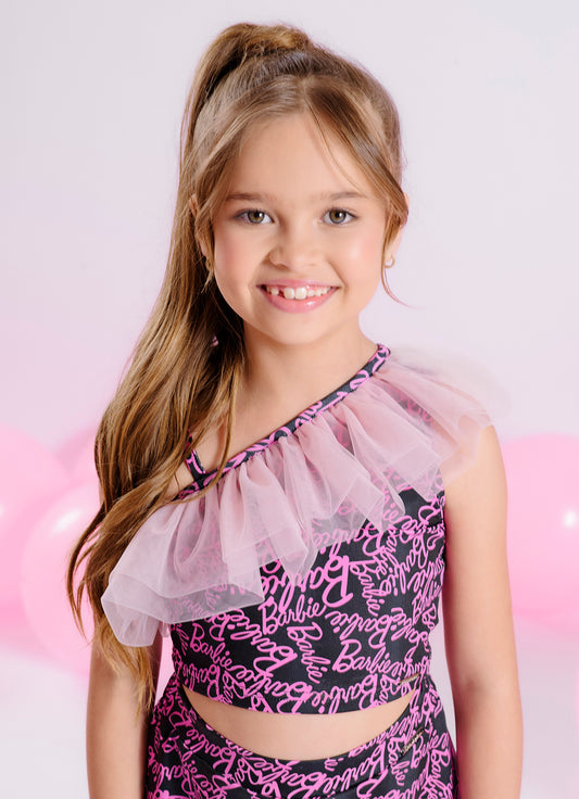 Blusa Cropped Light Estampa Barbie Babado Tule