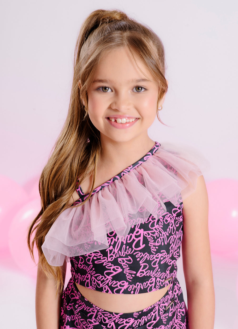 Blusa Cropped Light Estampa Barbie Babado Tule