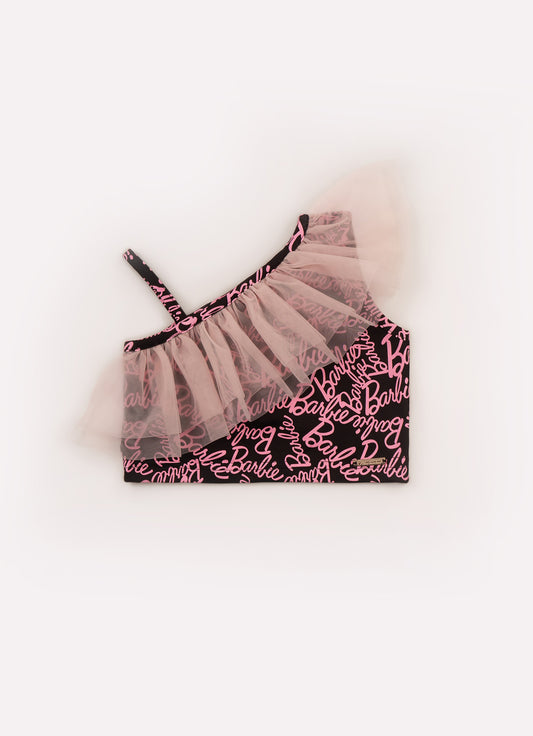 Blusa Cropped Light Estampa Barbie Babado Tule