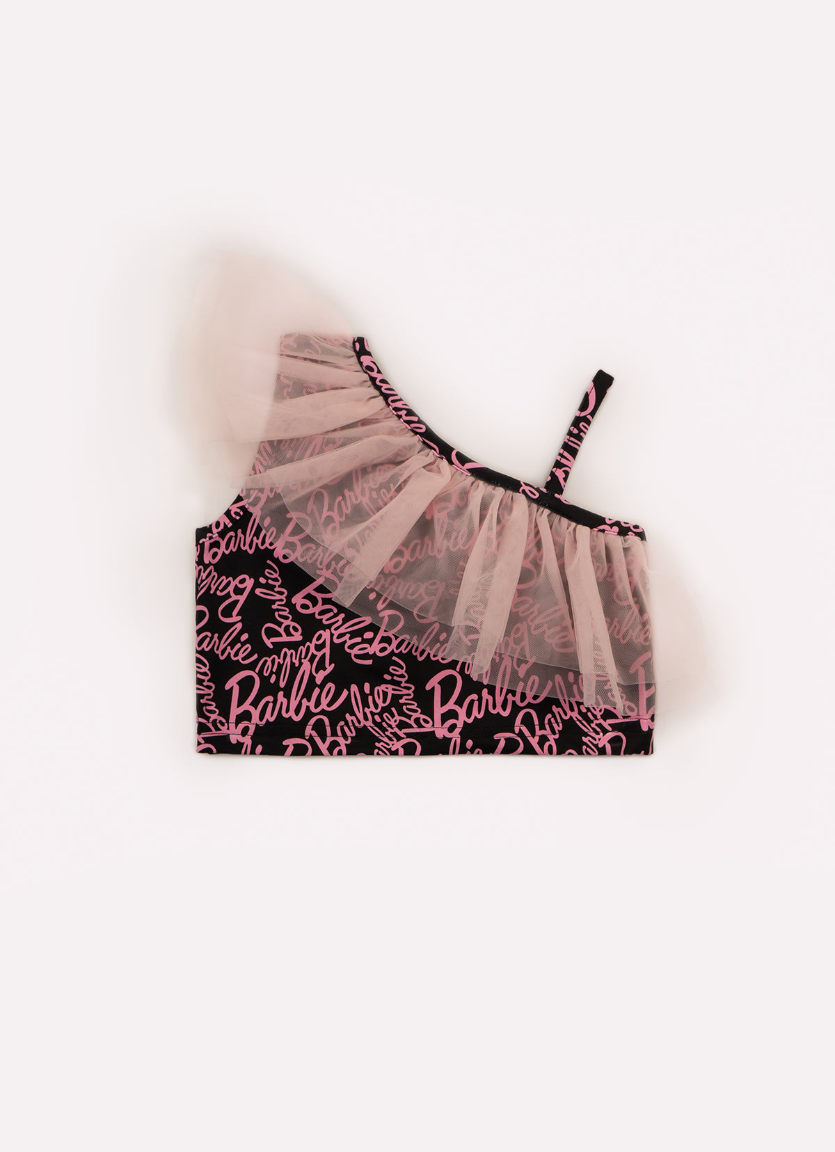 Blusa Cropped Light Estampa Barbie Babado Tule