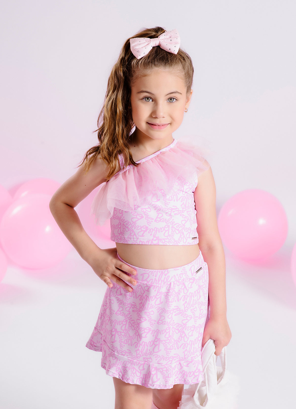 Blusa Cropped Light Estampa Barbie Babado Tule