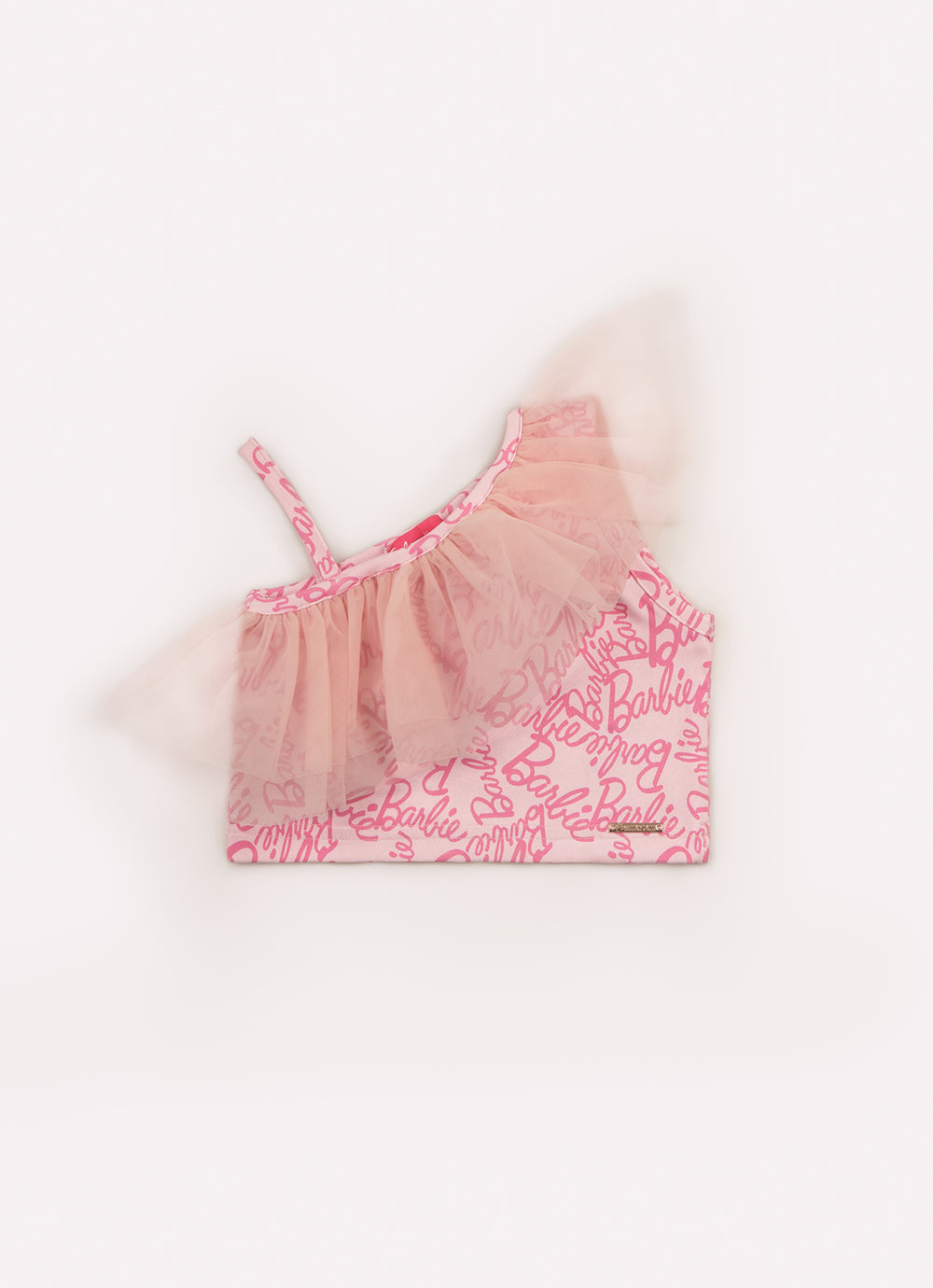 Blusa Cropped Light Estampa Barbie Babado Tule