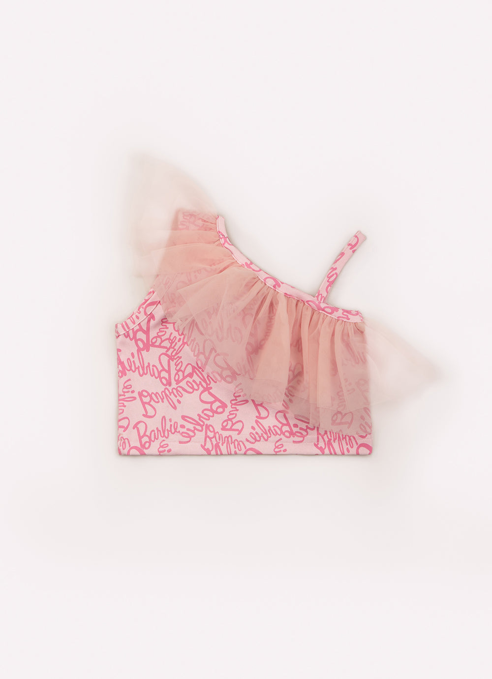 Blusa Cropped Light Estampa Barbie Babado Tule