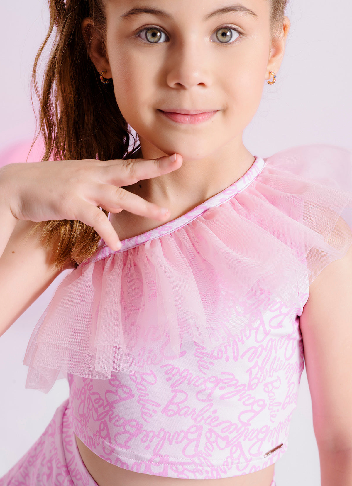 Blusa Cropped Light Estampa Barbie Babado Tule