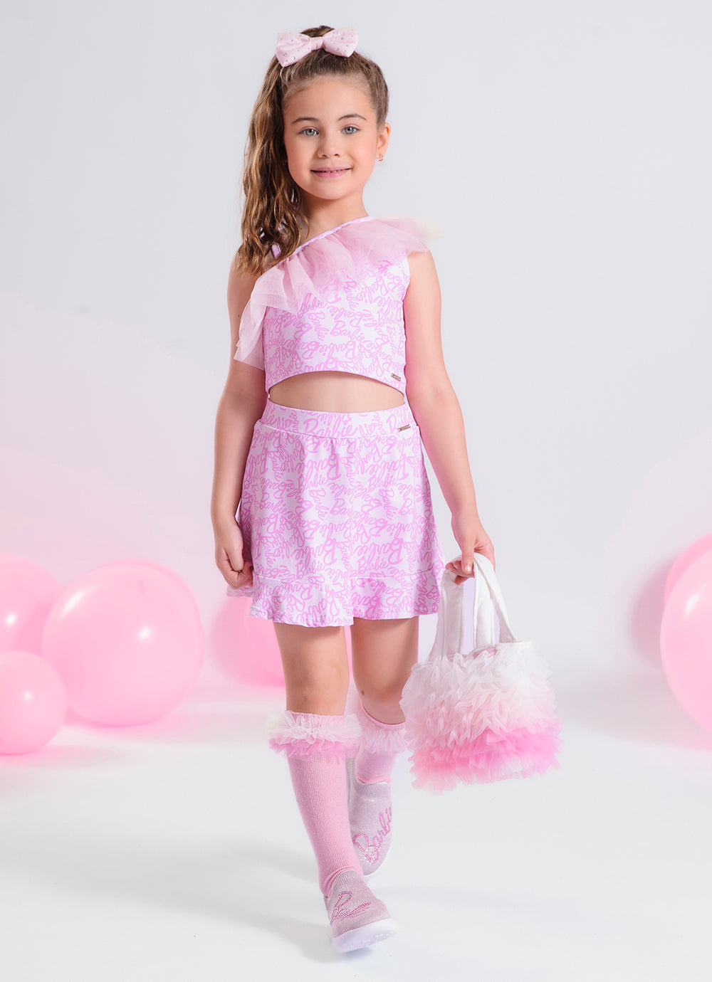 Blusa Cropped Light Estampa Barbie Babado Tule